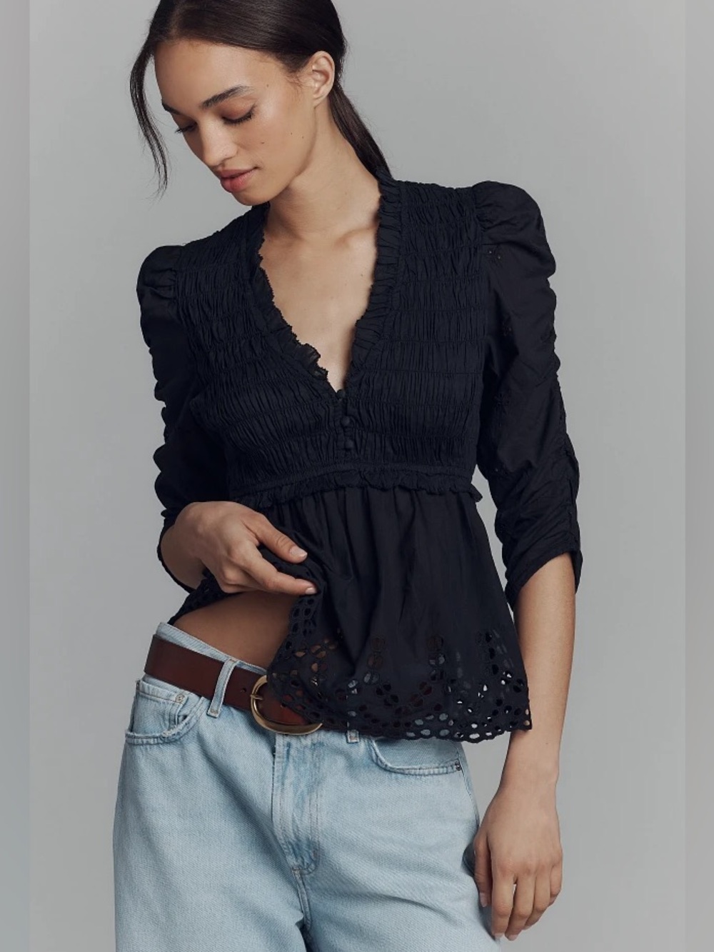 Anthropologie Ruched-Sleeve Smocked Blouse Black Smocked V-Neck Peplum Top